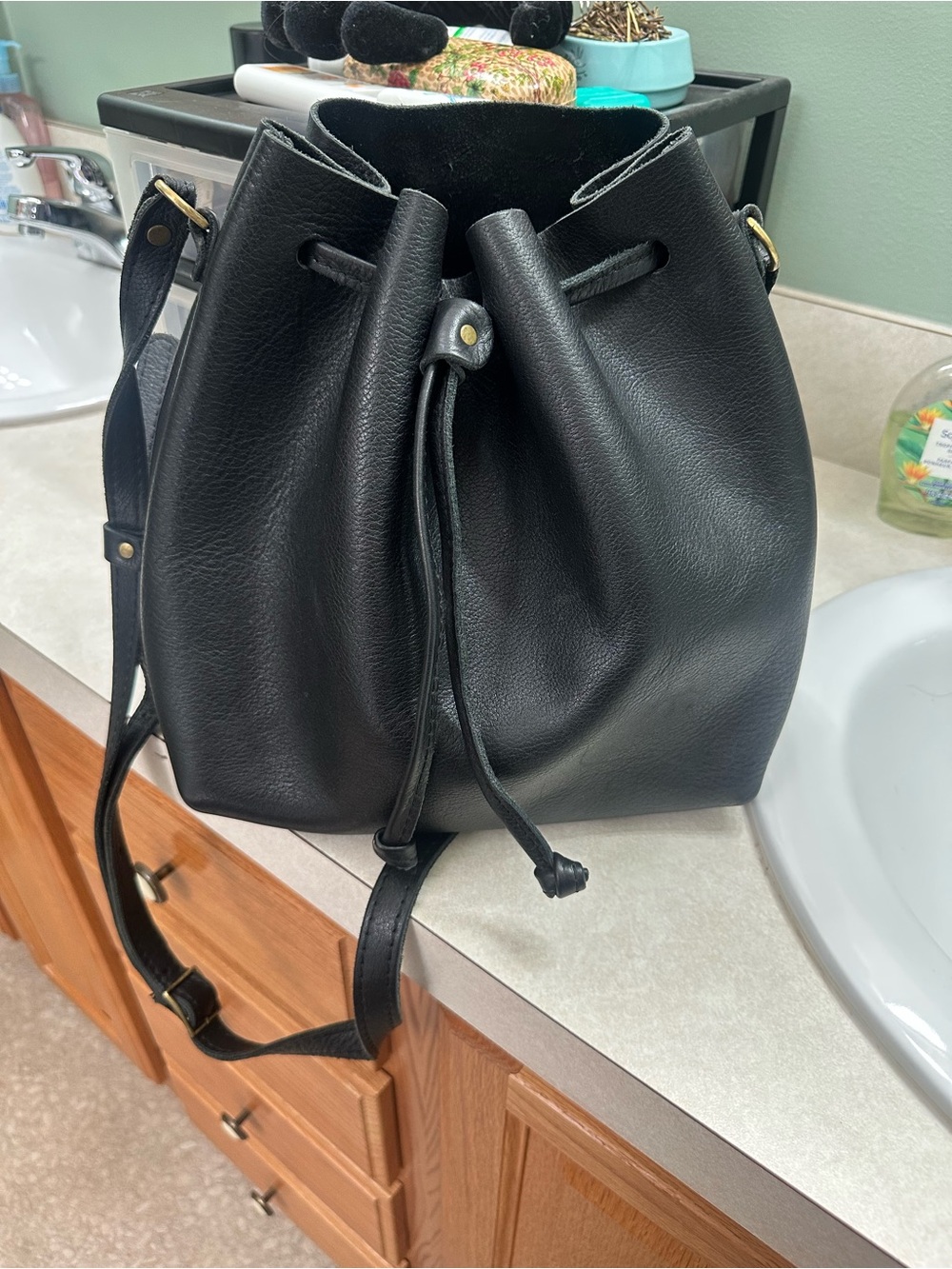 Portland leather Large thick Black Drawstring Bucket Bag - Women's Shoulder Bag